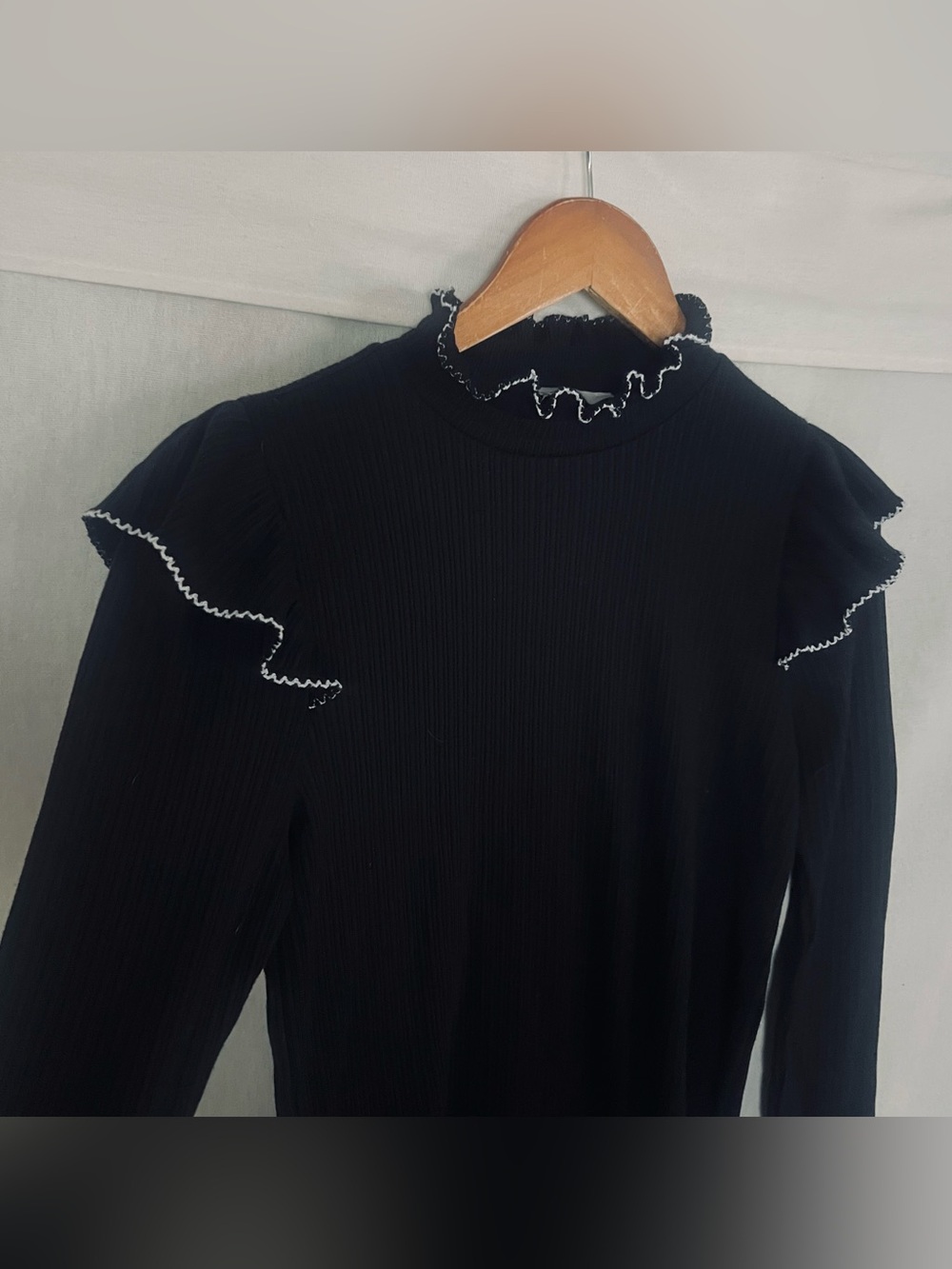 LOFT Black Pointelle Ruffle Ribbed Top - Picture 4 of 7